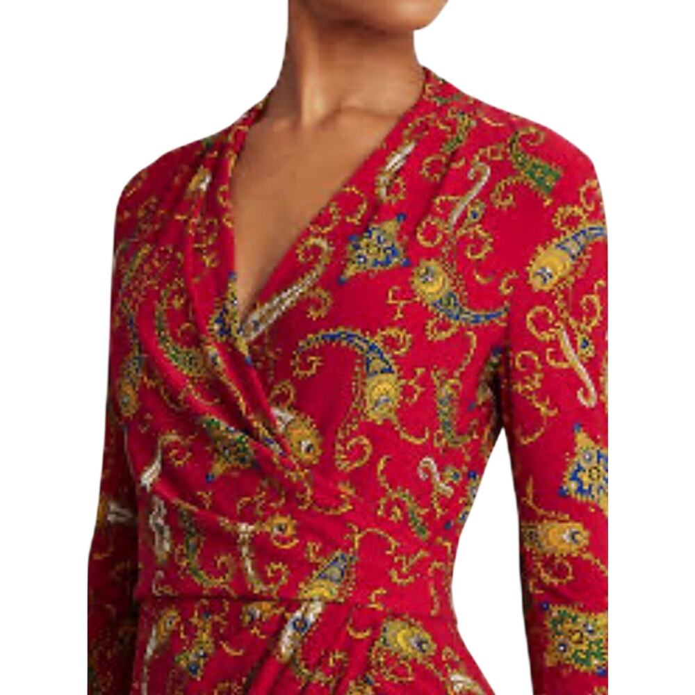 Lauren Ralph Lauren Red Paisley Faux Wrap Jersey Dress Size 10P - Picture 5 of 14